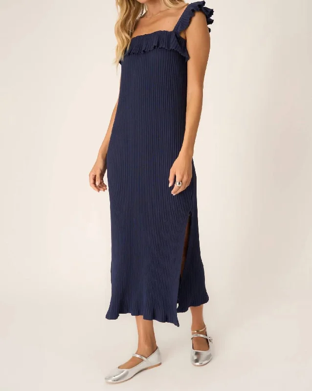 Quick Sale Mona Ruffle Sleeve Sweater Rib Dress In Navy Bliss