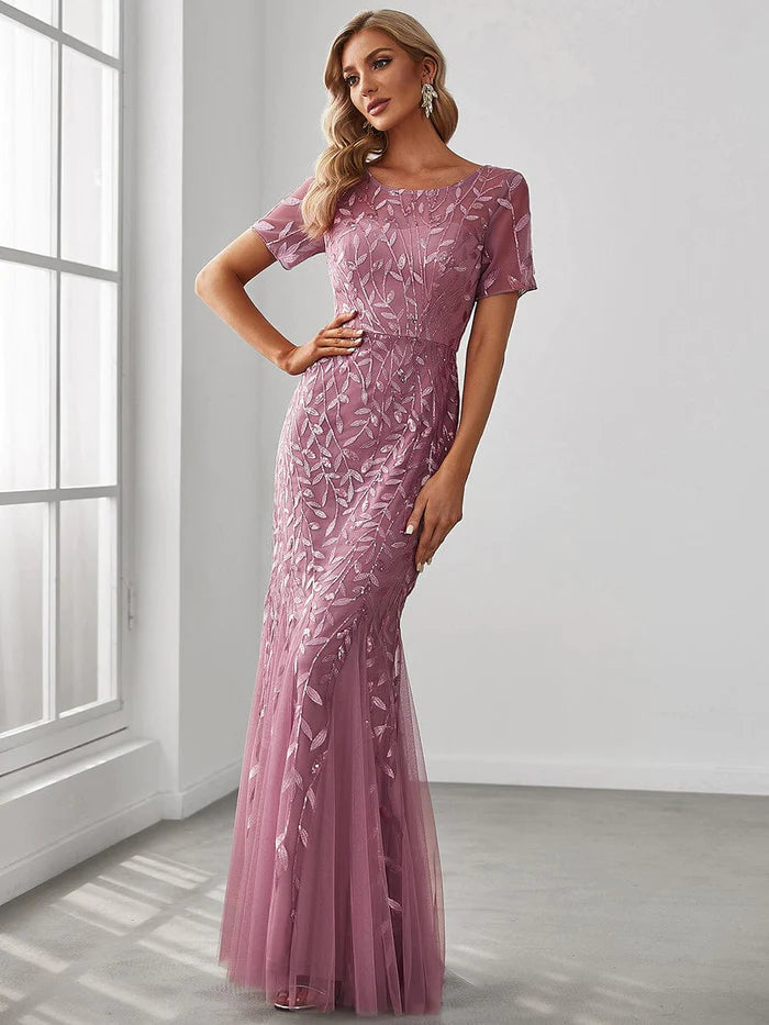Instant Discount Floral Sequin Print Maxi Long Fishtail Formal Dresses With Half Sleeve