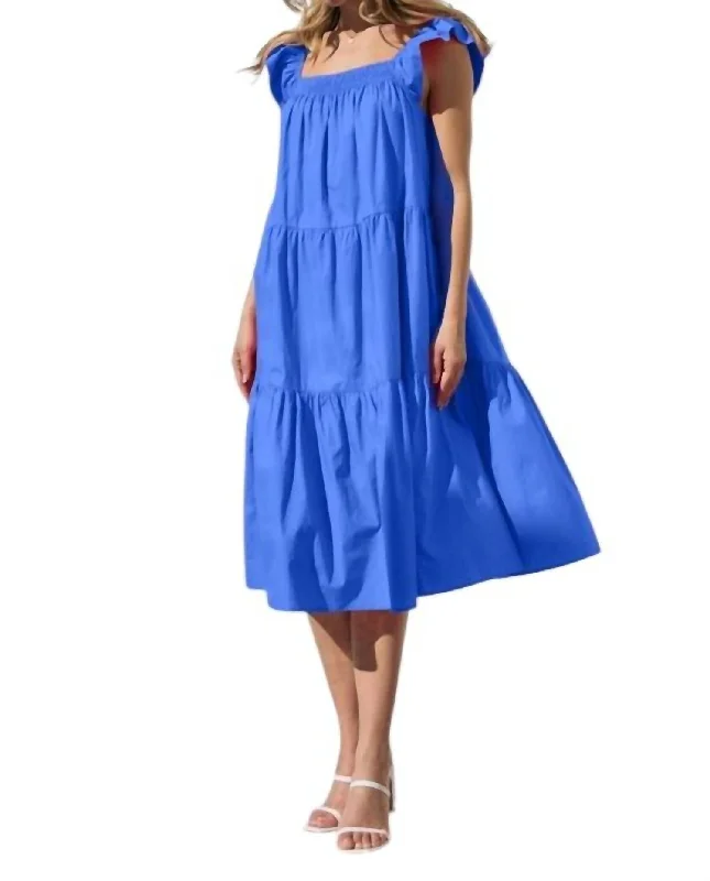 Savings Galore Solid Poplin Tiered Midi Dress In Blue