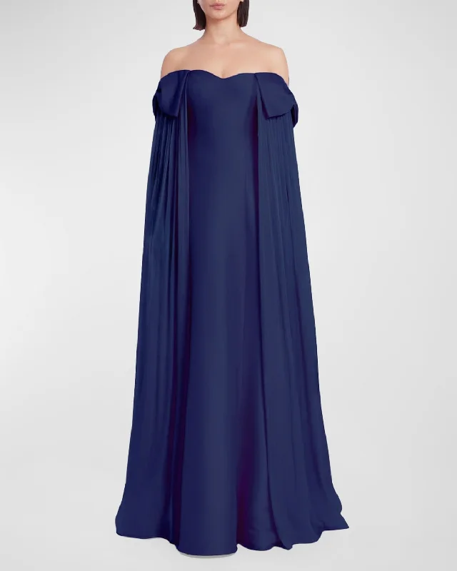 Don't Wait Bow-Embellished Off-Shoulder Cape Gown