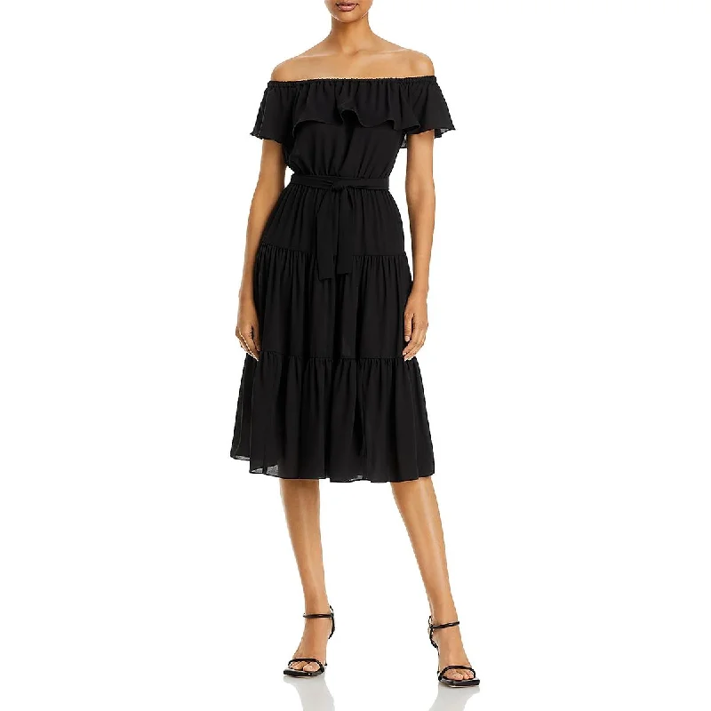 Don’t Miss Out Womens Ruffled Belted Midi Dress