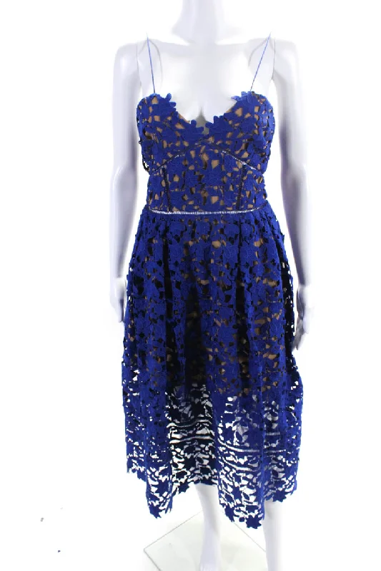 Limited Time Offer Self-Portrait Womens Embroidered Floral Lace Layered Pleated Dress Blue