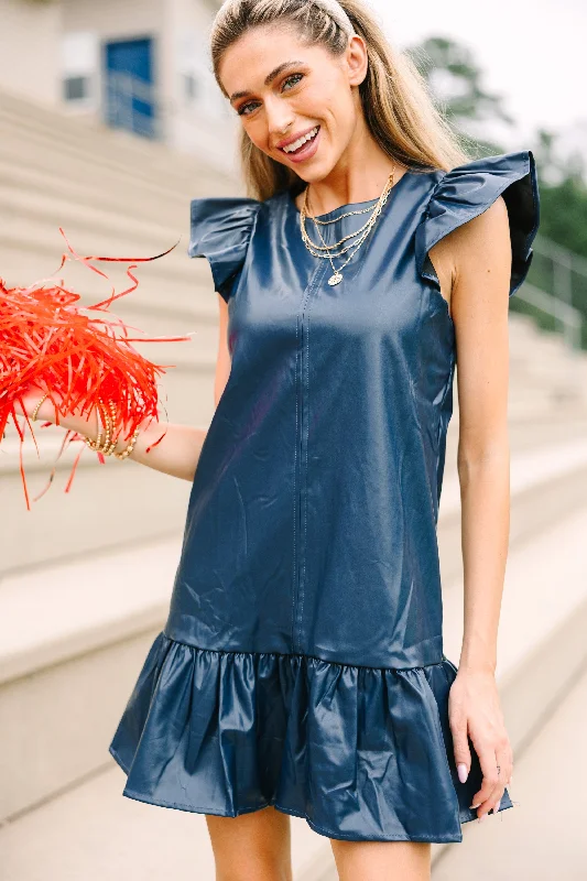 Act Now Always Ready Navy Blue Faux Leather Dress