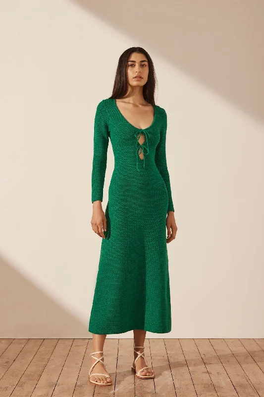 Bonus Savings EVE LONG SLEEVE KEYHOLE MIDI DRESS - TREE GREEN