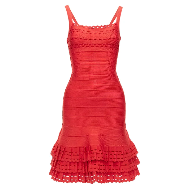 Best Seller Herve Leger Cut Out Tiered Ruffle Hem Bandage Fit Flared Dress