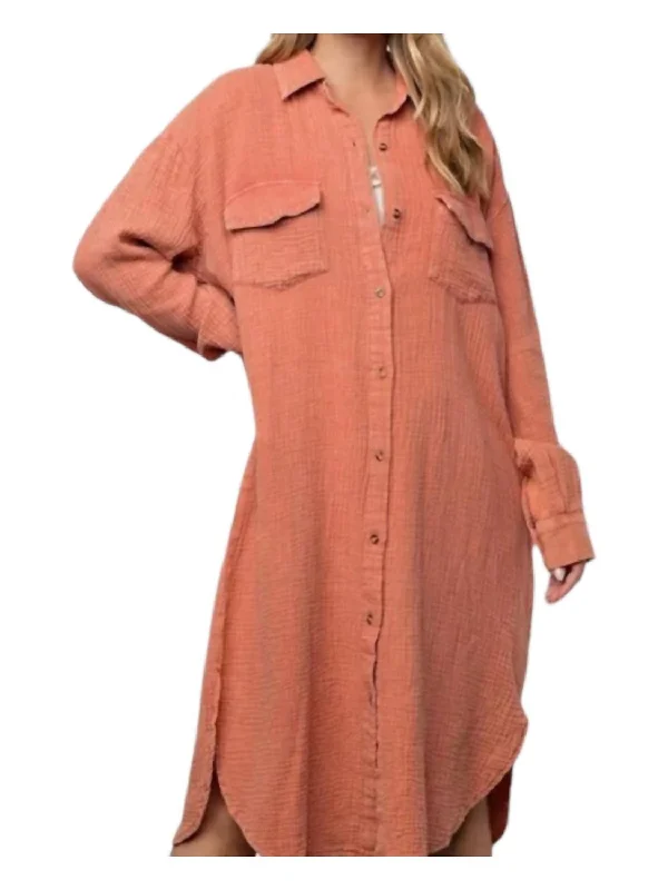 Final Sale Cotton Gauze Below The Knee Shirt Dress In Pumpkin Mineral Washed