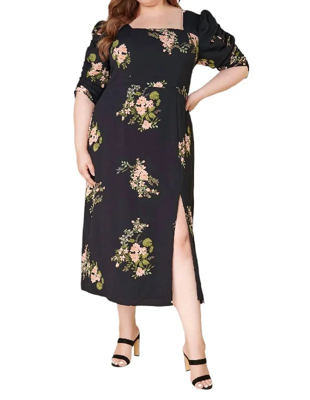 Special Savings Curve Jasleen Floral Ruched Sleeves Midi Dress In Black-Multi