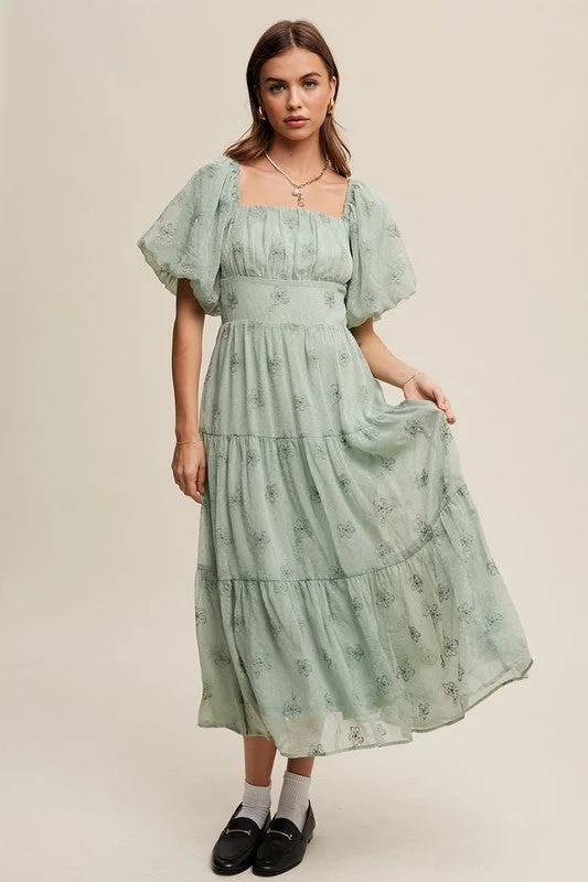 Instant Discount Flower Embroidered Puff Sleeve Tiered Maxi Dress