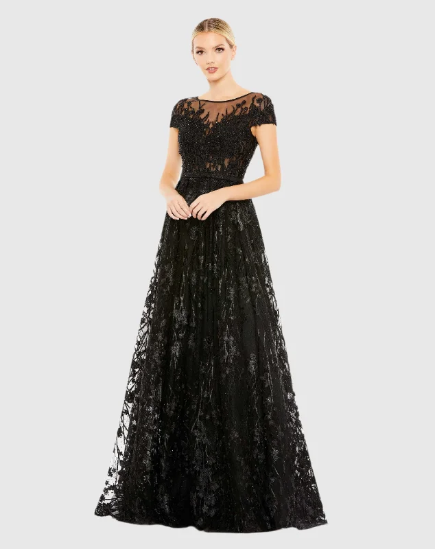 Great Deals Black Embellished Floral Cap Sleeve A Line Gown