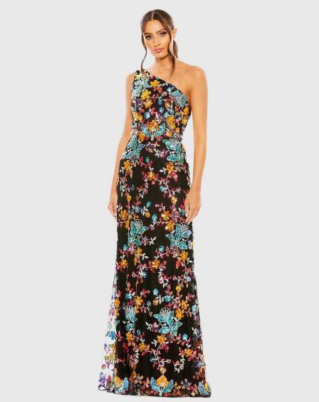 Fantastic Deals Black Multicolor One Shoulder Floral Sequin Lace Up Gown