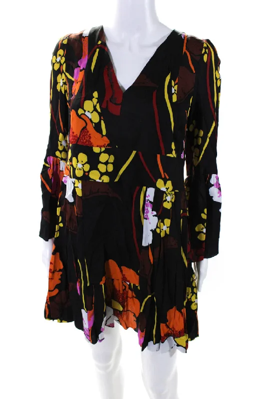 Clearance Event Marni Womens Floral Print Pleated V-Neck Long Sleeve Dress Black