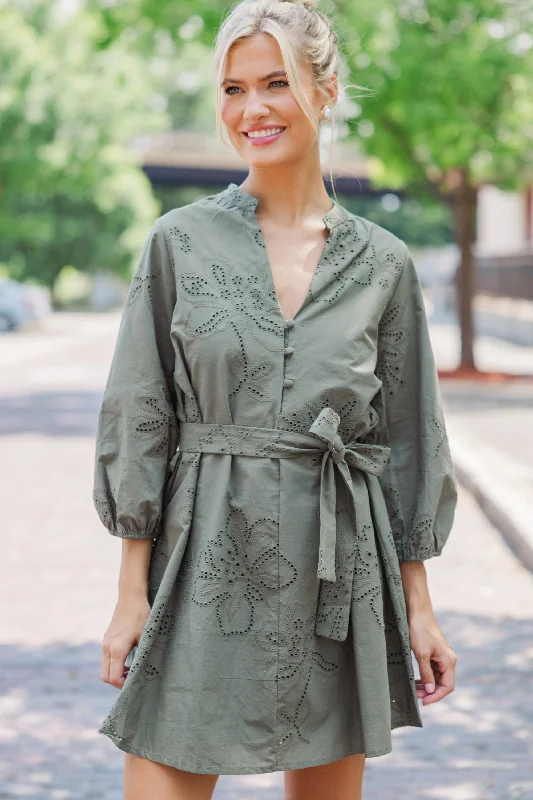 Exclusive Savings On This Day Olive Green Eyelet Dress