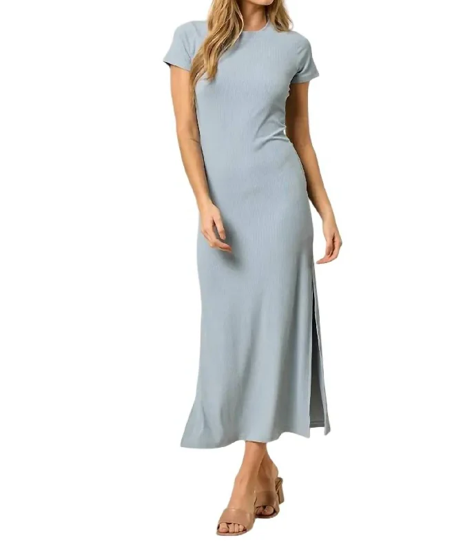 Exclusive Preview Ribbed Knit Maxi Dress With Slit In Blue