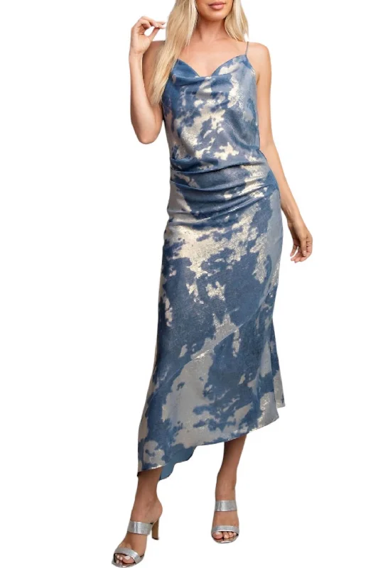 Amazing Deals Mila Printed Midi Dress With Asymmetric Hem In Blue