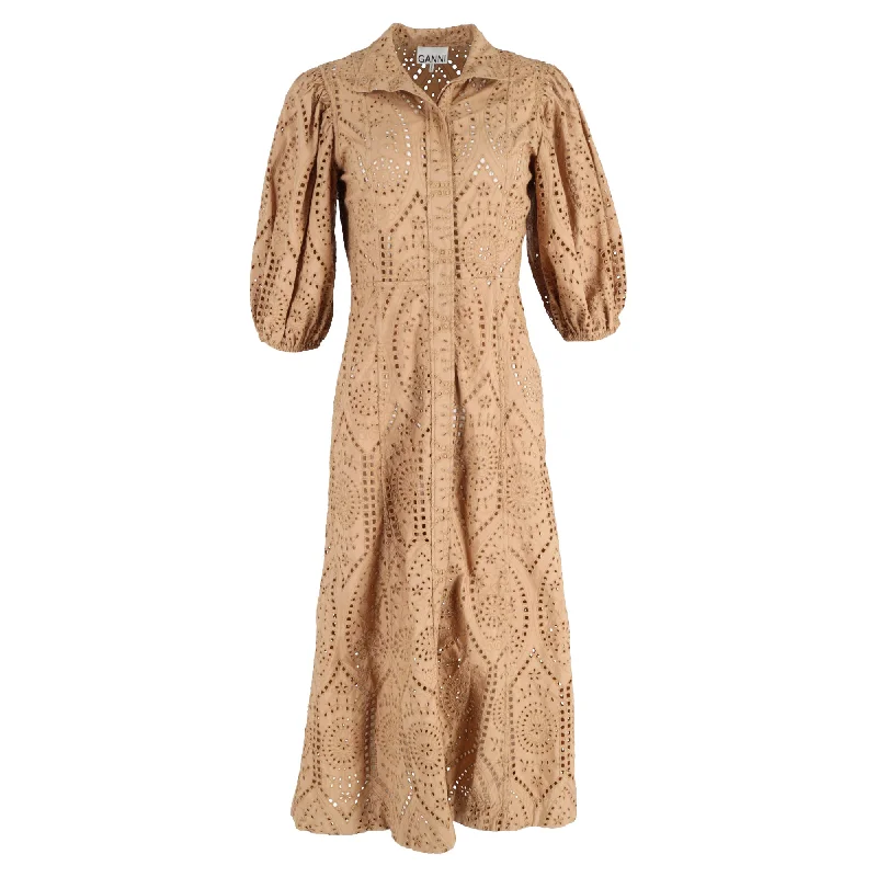 Bargain Bin Ganni Eyelet Detail Midi Puffed Sleeve Dress in Brown Cotton
