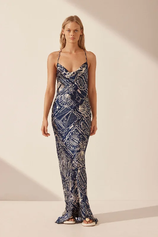 Steals and Deals MER SILK DOUBLE COWL BIAS MAXI DRESS