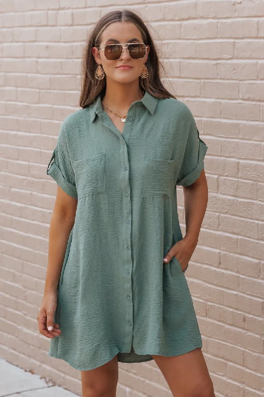 Inventory Reduction Green Button Up Shirt Dress - DOORBUSTER