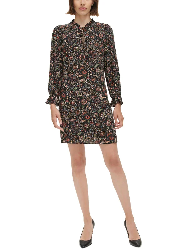 Act Now Petites Womens Printed Ruffled Shift Dress