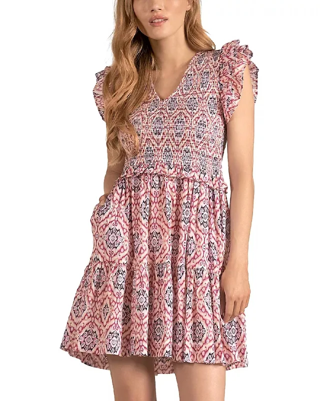 Final Markdown Ruffle Sleeve Smocked Mini Dress In Lavender Ikat