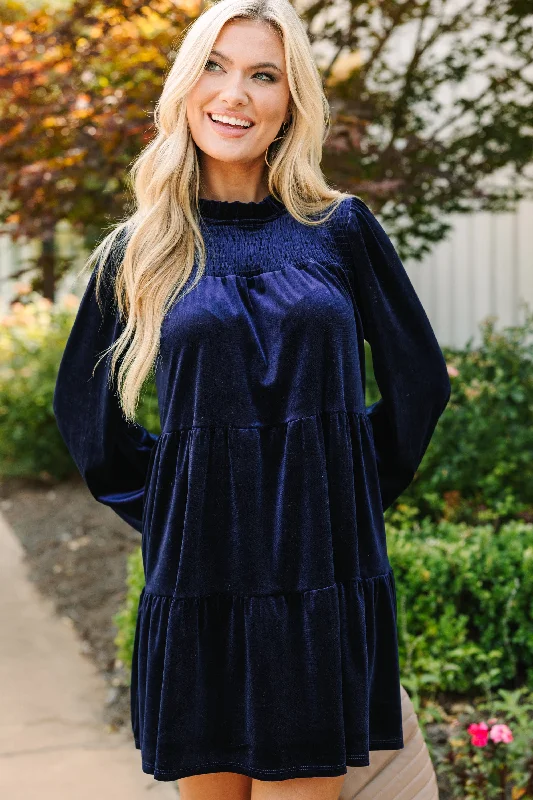 Amazing Deals Come On Over Navy Blue Velvet Babydoll Dress