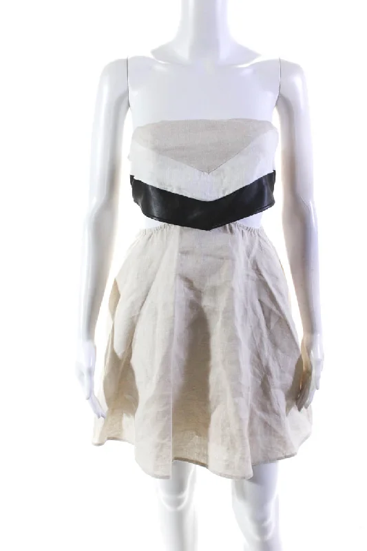 Huge Savings Staud Womens Faux Leather Trim Cut Out Halter A Line Dress Beige Black