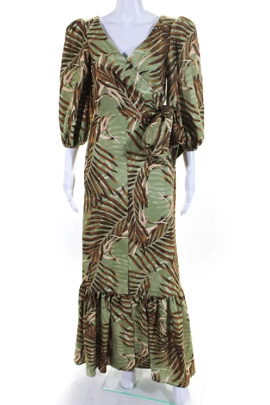 Don't Wait PatBO Womens Palm Print Puff Sleeve Midi A Line Dress Green Brown