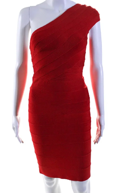 Act Now Herve Leger Womens Textured Tiered Zipped One Shoulder Bandage Dress Red