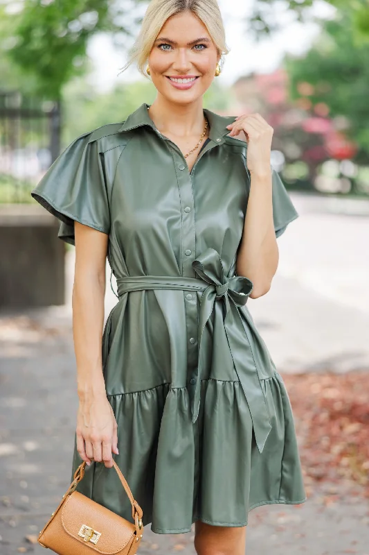 Closeout Sale Look Of Love Olive Green Faux Leather Dress