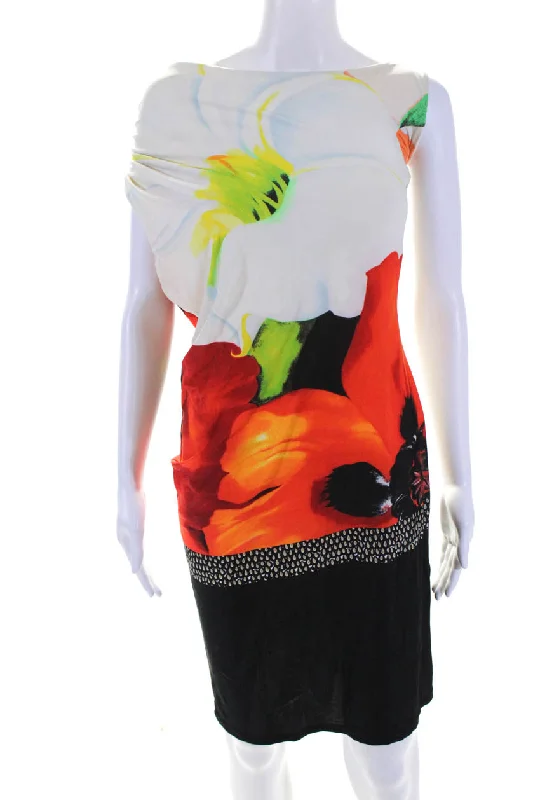 Weekend Deal Roberto Cavalli Womens Floral Print One Shoulder Mini Dress Multicolor