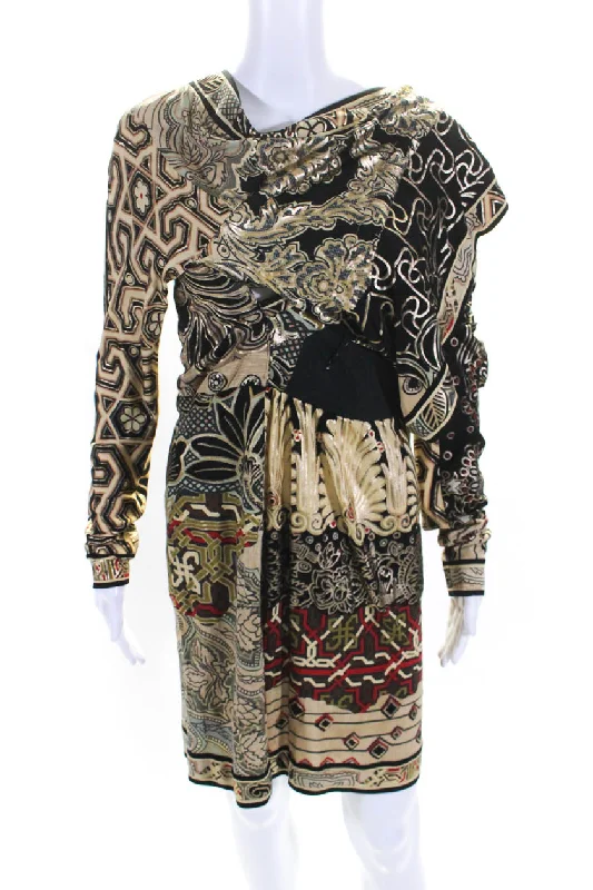 Super Deal Leonard Fashion Collection Womens Metallic Abstract Buttoned Dress Gold