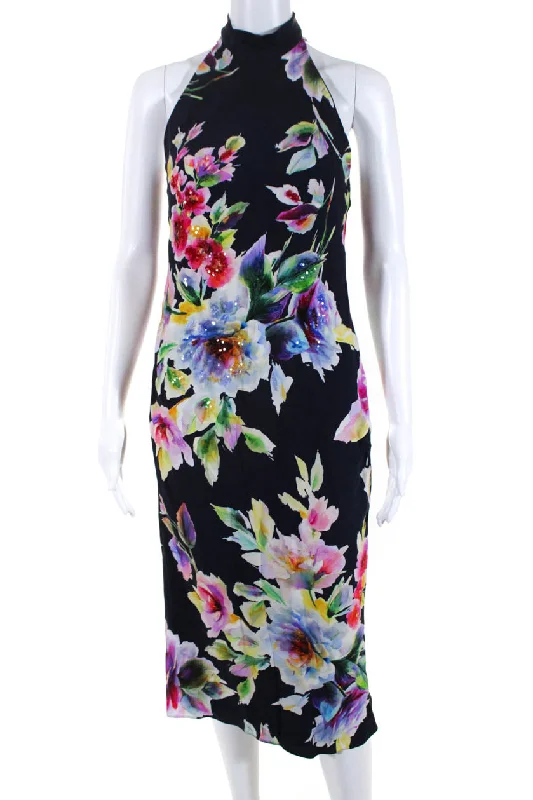Exclusive Savings Ralph Lauren Purple Label Womens Back Zip Sequin Floral Dress Navy Blue
