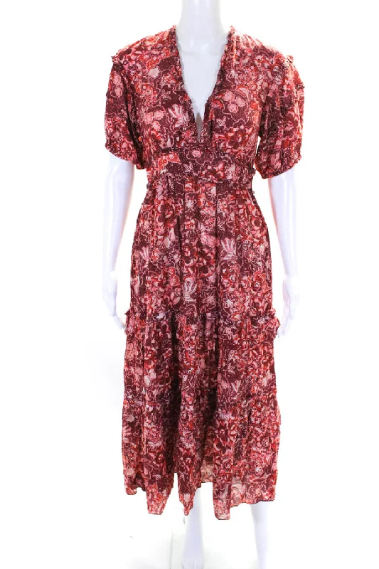 Price Reduction Ulla Johnson Womens Red Floral V-Neck Tie Back Short Sleeve Shift Dress