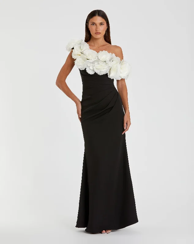 YEAR-End Sale Black and White Jersey Gown With 3D Flower Off The Shoulder Detail