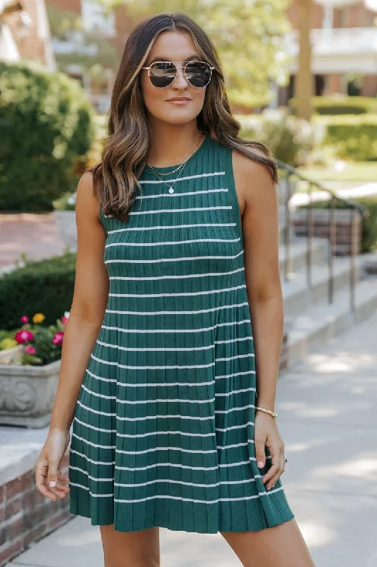 Extra Discounts Green Stripe Pleated Mini Dress