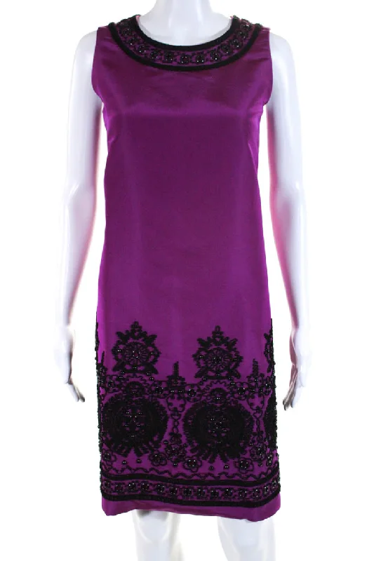 Instant Discount Oscar de la Renta Womens Embroidered Sleeveless Shift Dress Purple Black