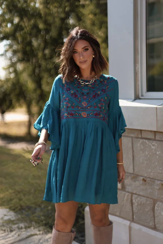 Epic Deals Whimsical Teal Floral Embroidered Mini Dress - FINAL SALE