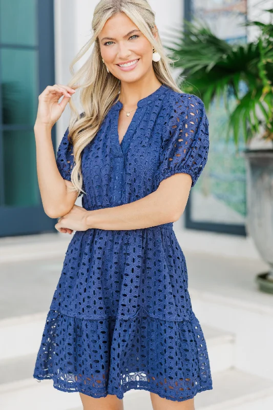 Final Clearance More Than You Know Navy Blue Eyelet Dress