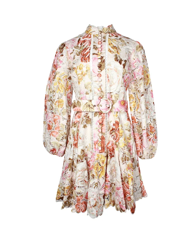 Final Clearance Zimmermann Bonita Floral-Print Broderie Anglaise Belted Mini Dress in Multicolor Linen
