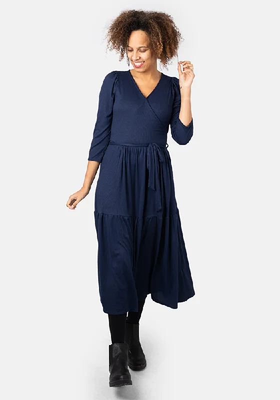 Overstock Lou Navy Tiered Hem Midi Dress