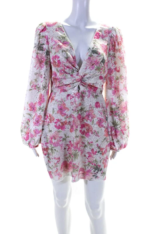 Now or Never One 33 Social Womens Floral Sequin Long Sleeve Sheath Dress White Pink