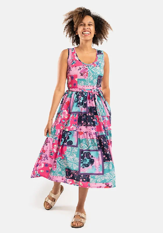 Last Chance Claudine Pretty Patchwork Print Tiered Hem Midi Dress