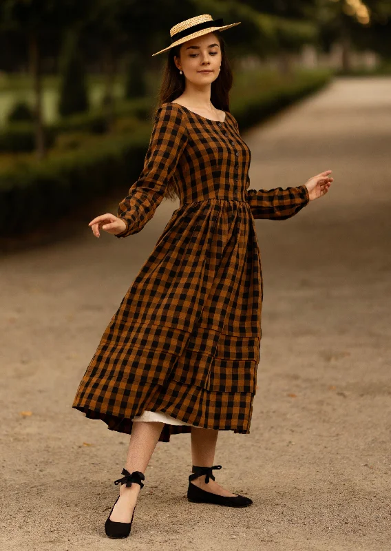 Don't Wait Eyre Dress, Long Sleeve, Brown Checkers