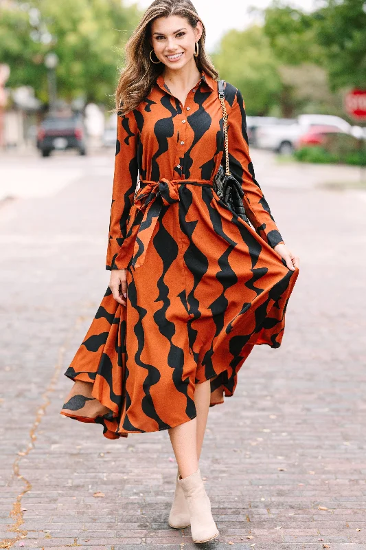 Lowest Price It's Your Time Brown Abstract Midi Dress