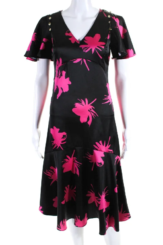 Lowest Prices Prabal Gurung Womens Short Sleeve V Neck Satin Midi Dress Black Pink